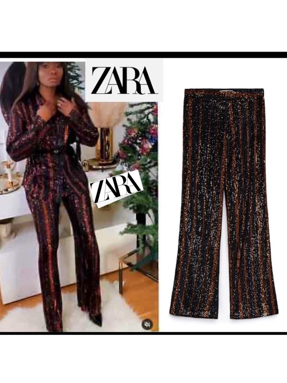 ZARA Abbey Flared Black and burnt orange pinstripe sequins flared trouser pants